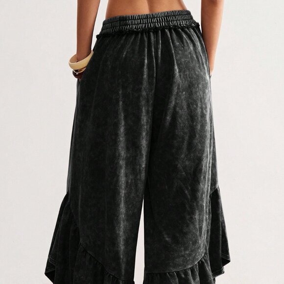 Black Casual Women's Knit Loose Wide-Leg Washed Pants - Picture 2 of 6